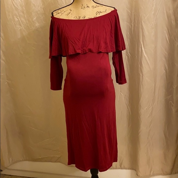 Maroon off shoulder 3/4 sleeve maternity dress - Picture 4 of 7